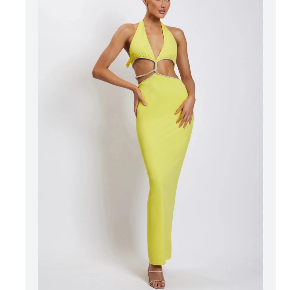 NEW‎ Meshki Size Medium Nicha Yellow Diamanté Cut Out Midi Dress Formal Party